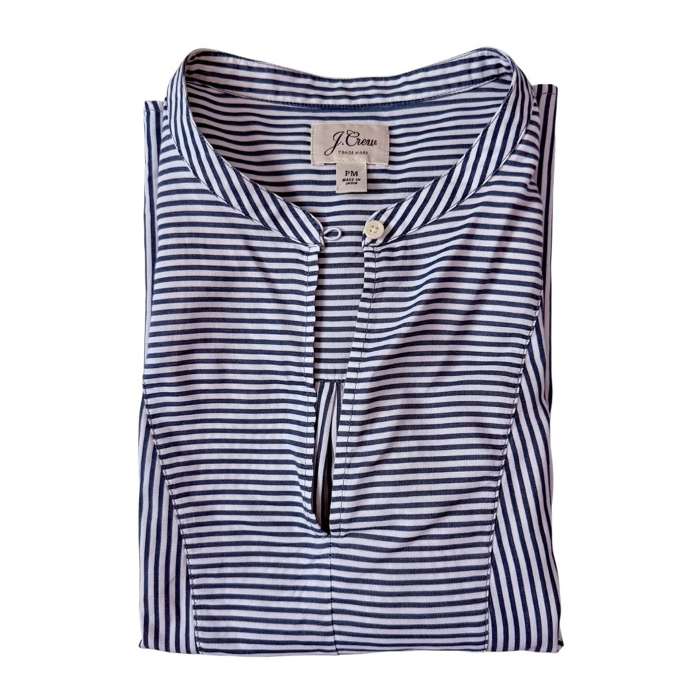 J.Crew Striped Cotton Popover Top Blue White MP Petite - Picture 2 of 8